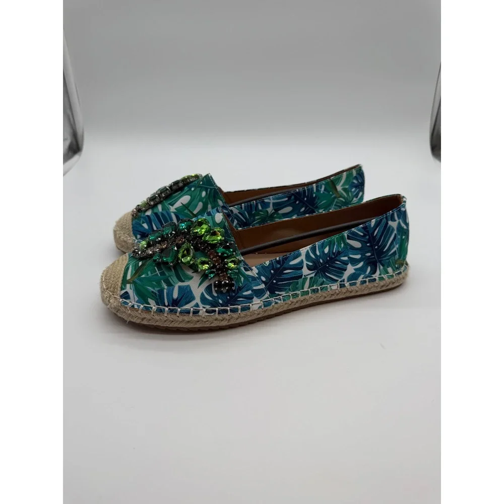 Lauren Lorraine Tropical Palm Print Gemstone Espadrille Flats Green Blue 8.5